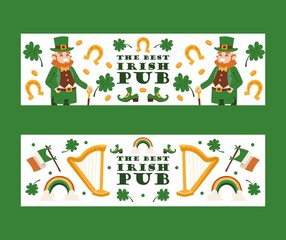 Fototapeta premium Irish pub banners, vector illustration. St Patricks day festival, traditional holiday in Ireland. Smiling leprechaun and symbols of luck and fortune