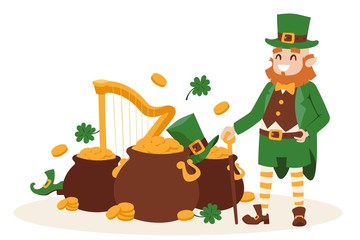 Fototapeta premium St Patricks day leprechaun, Ireland vector illustration. Smiling cartoon character with symbols of luck. Traditional Irish holiday, spring festival