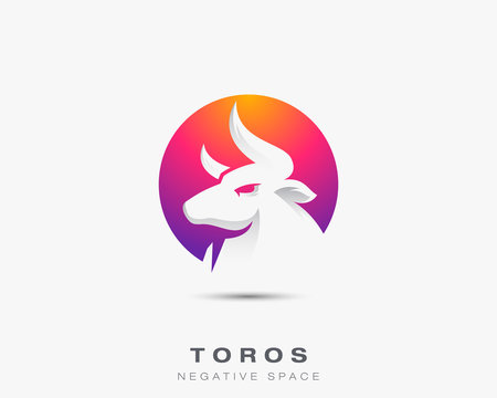 Toros, negative space of toros logo template. Head of toros with horn.