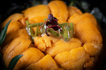Uni Don on the table in the Japanese restaurant.