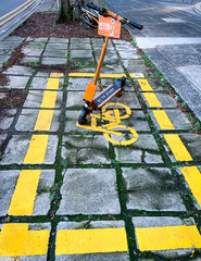 Electric scooter or e-scooter for rent by mobile application. Micro mobility trends. Eco transport...