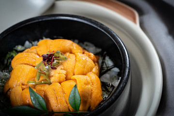 Uni Don on the table in the Japanese restaurant.
