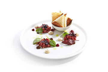 Beef Tartar sauce and toasted bread closeup