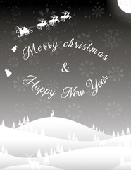 Vertical black white christmas card winter forest snowdrifts flying santa claus