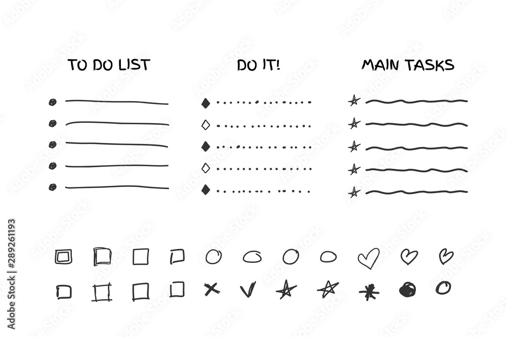 Fototapete check to do list, bullet, check mark and check box in a doodle sketch cartoon style collection isola