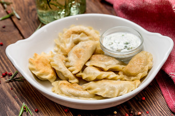 Fried dumplings in a white plate with sauce