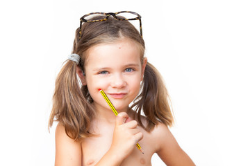 Portrait of a smiling 5 years girl with glasses. White background