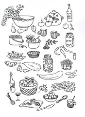 Cooking poster. Background with Utensils and Food. Can be yused lice logo, icons, design elements in yuor works. Illustration.