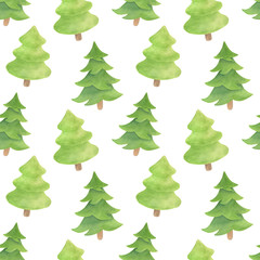 Watercolor fir seamless pattern. Hand drawn evergreen plants isolated on white background. Spruce backdrop for decoration, Christmas design, cards, kids illustration, wrapping paper.