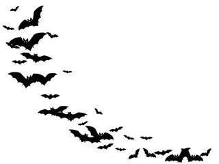 Gothic black bats swarm isolated on white vector Halloween background. Flittermouse night creatures illustration. Silhouettes of flying bats vampire Halloween symbols on white.
