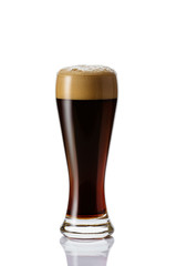 Perfect glass of dark beer with foam on white background