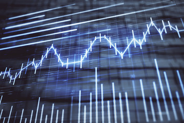 Financial chart hologram with abstract background. Double exposure. Concept of market analysis
