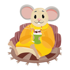 Cute cartoon mouse with cup of coffee or tea.