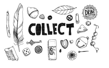 Set of black and white children items collection. The picture is painted with a black artist pen.