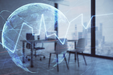 Forex chart hologram with map and minimalistic cabinet interior background. Double exposure. International business concept.