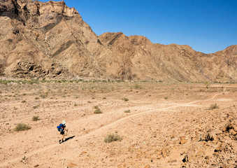 A hiker walking through the arid, desert landscape of the Fish River Canyon in Namibia - 289265395