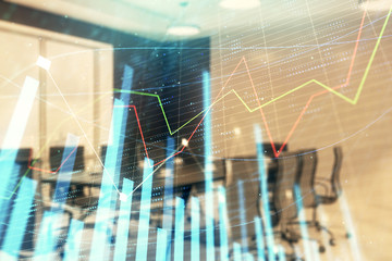 Double exposure of forex chart on conference room background. Concept of stock market analysis