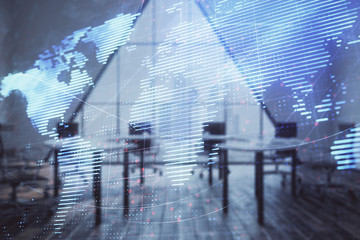Fototapeta na wymiar Double exposure of globe hologram on conference room background. Concept of international business