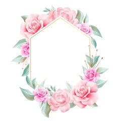 Geometric watercolor flowers frame for wedding or greeting card composition. Floral illustration of red roses, peonies, leaf, branches. Wedding invitation flower background