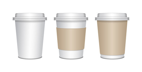 Realistic blank mock up paper cups set with plastic lid. Coffee to go, take out mug