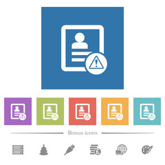 Contact warning flat white icons in square backgrounds