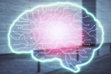Double exposure of brain sketch hologram on empty exterior background. big data concept