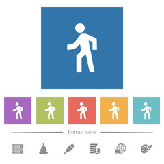 Man walking left flat white icons in square backgrounds