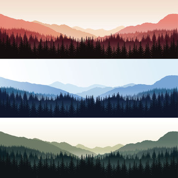 Vector set of landscapes with forest and misty mountains in different colors