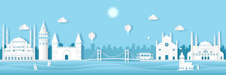 Obraz premium Architektura Turcji podróży w Stambule w pejzażu Turcji i rzeki z panoramicznymi widokami, papier w stylu origami na pocztówki z podróży, ilustracji wektorowych.
