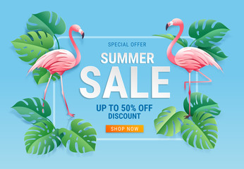 Summer sale card with two pink flamingo on tropical leaf paper cut background. Vector illustration © graphixmania