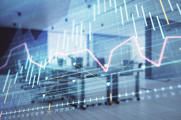 Stock market chart with trading desk bank office interior on background. Double exposure. Concept of financial analysis