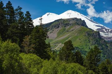 The highest mountain in Europe is Elbrus.  Height of mount Elbrus of 5642 meters above sea level. Beautiful mountains in the Elbrus region. Kabardino-Balkar Republic. 