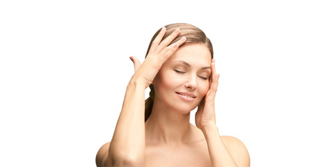 Naklejka premium Natural beauty portrait with hands. Cosmetology mature woman face. Cosmetic cream. Skin care. Elegant girl