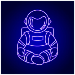 Glowing Neon effect sign with pink astronaut. Nightclub or bar concept. Purple astronaut outline on dark background.