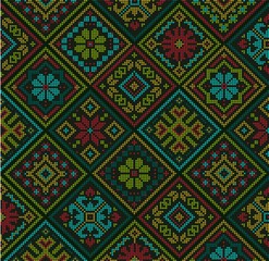 Christmas square background. Ethnic style romantic colorful embroidered background. Rhombus cross-stitch pattern. Scandinavian winter folk design.