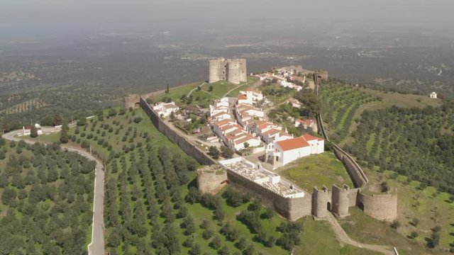Aerial drone view of Evoramonte and castle in Alentejo, Portugal
