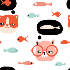 Funny cats and fish seamless pattern