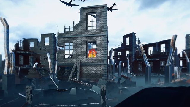 A military tank stands on the ruins and an Armada of military aircraft flies over the ruins of the destroyed deserted city.