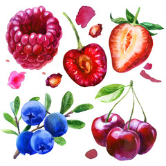 Watercolor illustration, set. Raspberry, half strawberry, half of the cherries, pit cherries, cherries on a branch, blueberries on a branch, pink spots.