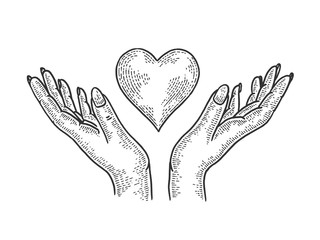 Hands and heart symbol Blood donation sketch engraving vector illustration. Tee shirt apparel print design. Scratch board style imitation. Black and white hand drawn image.