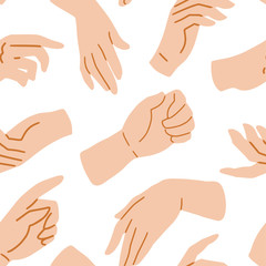 Hands on white seamless pattern