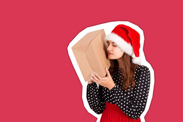 alarmed girl with her gift listens to what's in the box. Magazine collage style with trendy color background. holidays concept