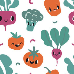 Seamless pattern with cartoon smile vegetable characters