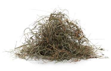 Hay, straw, thatch pile isolated on white background, top view