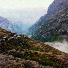 Digital mountains view oil painting with real brush strokes effect. Contemporary impressionism mixed style wall art print. Power of nature scene. Vacation postcards and prints design. Beauty artwork.