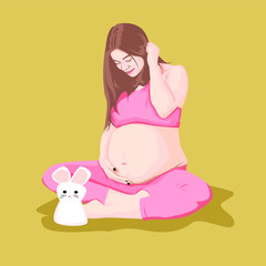pregnant girl with a rabbit cartoon. 
