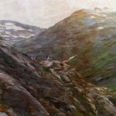 Digital mountains view oil painting with real brush strokes effect. Contemporary impressionism mixed style wall art print. Power of nature scene. Vacation postcards and prints design. Beauty artwork.