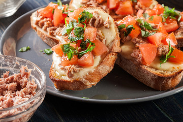 Appetizer bruschetta with tuna, mozarella cheese and tomatoes