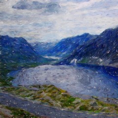 Digital mountains view oil painting with real brush strokes effect. Contemporary impressionism mixed style wall art print. Power of nature scene. Vacation postcards and prints design. Beauty artwork.