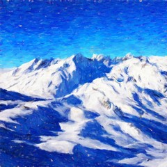 Digital mountains view oil painting with real brush strokes effect. Contemporary impressionism mixed style wall art print. Power of nature scene. Vacation postcards and prints design. Beauty artwork.